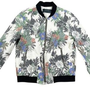 Zara Basic Textured Floral Print Full Zip Bomber Jacket